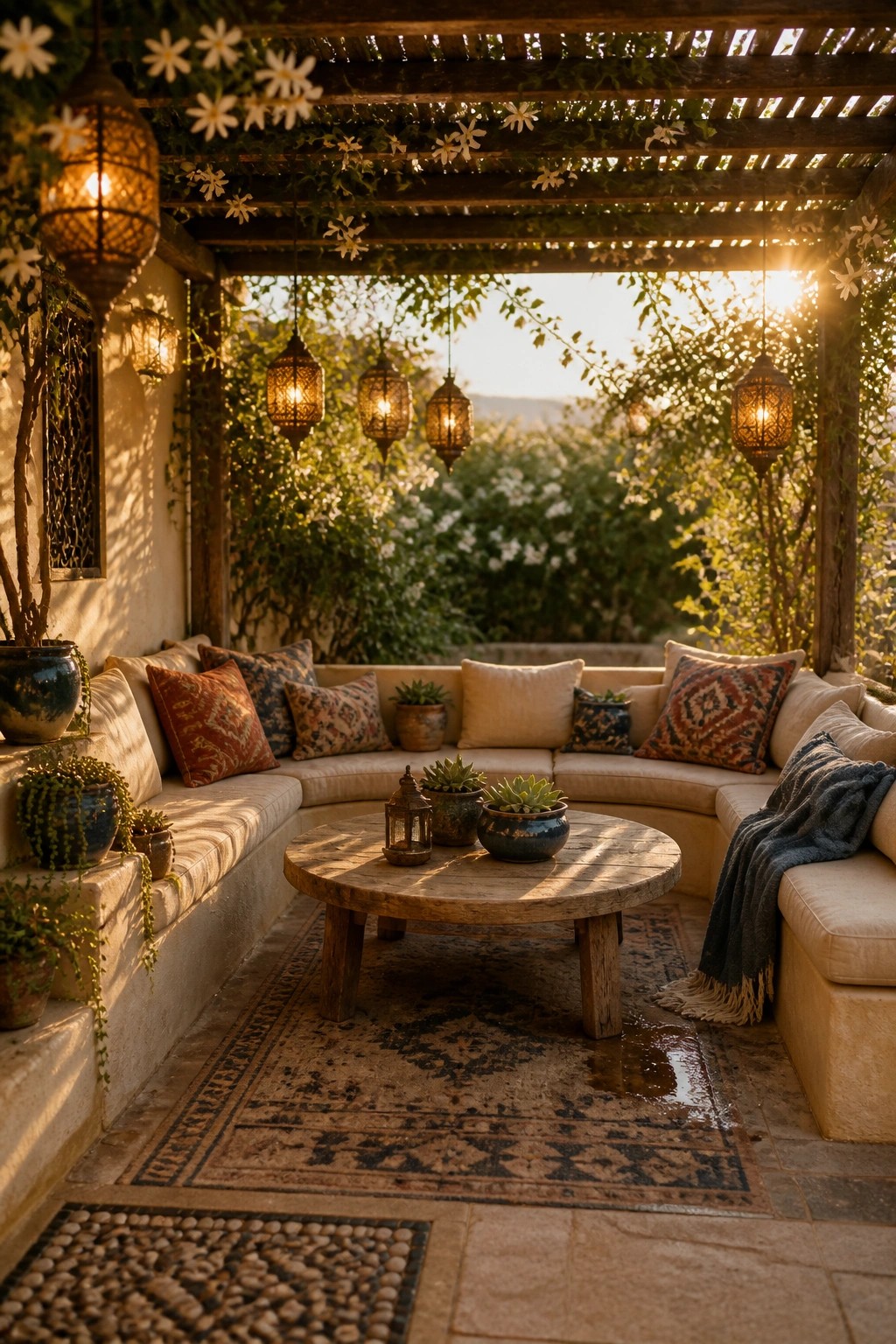 A small Mediterranean patio under a wooden pergola with hanging lanterns, curved cushioned seating, a round wooden coffee table, and potted plants on a stone floor.