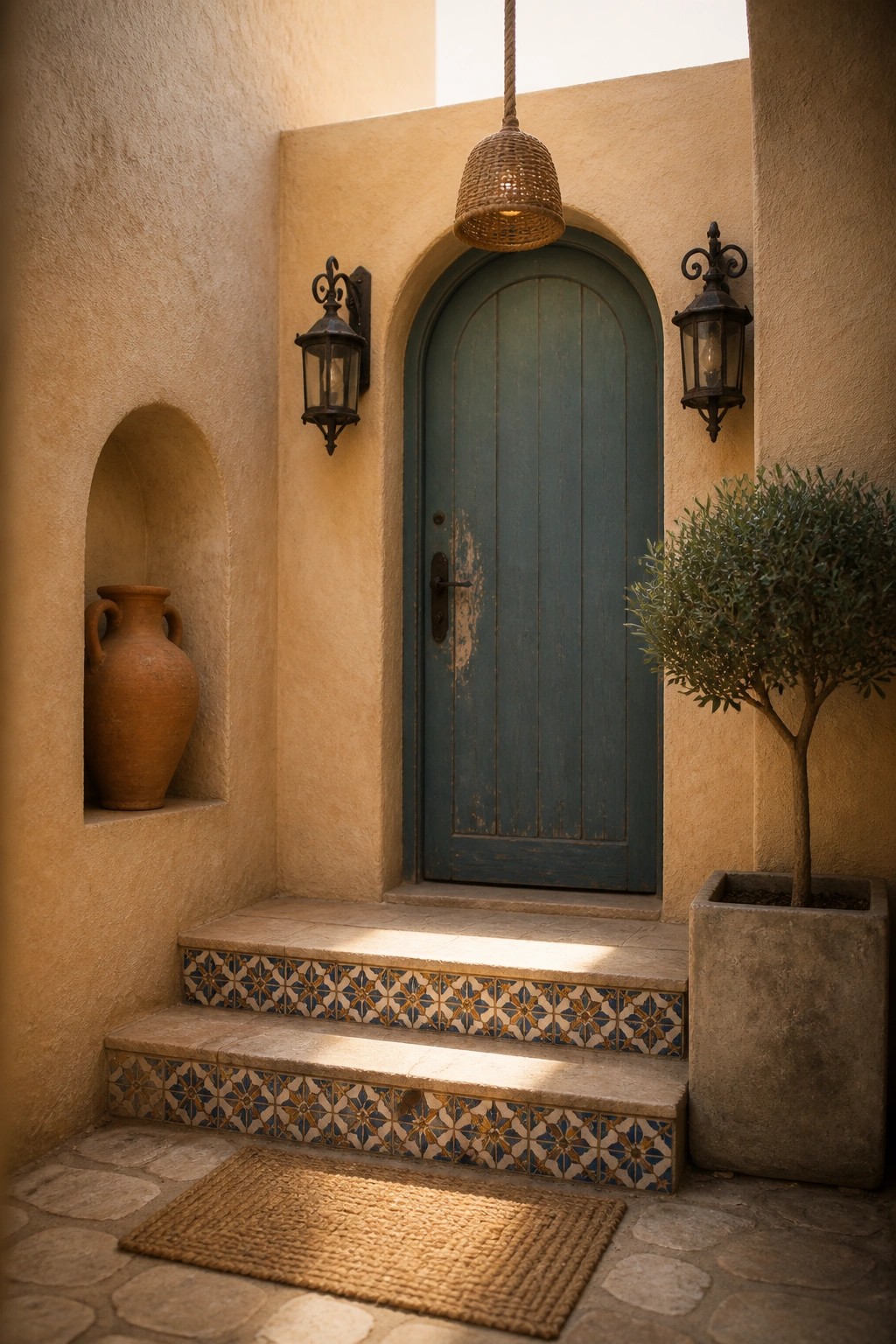 A small outdoor entry with a blue arched door, patterned tile on the step risers, wall lanterns, a niche with a clay pot, and a potted tree beside the steps.