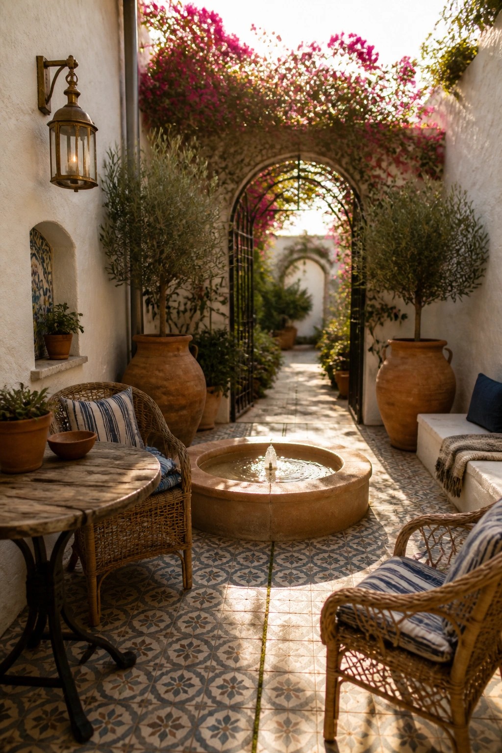 A narrow Mediterranean courtyard with a round stone fountain in the center, wicker chairs on patterned tile, large terracotta pots, and bougainvillea climbing over an arch.