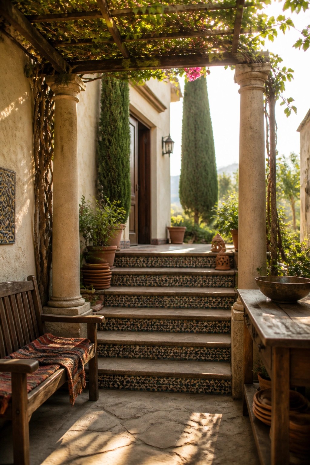 A Mediterranean-style entry with tiled stairs under a wooden pergola covered in vines, stone columns on both sides, a wooden bench with a blanket on the left, and a wooden table on the right.