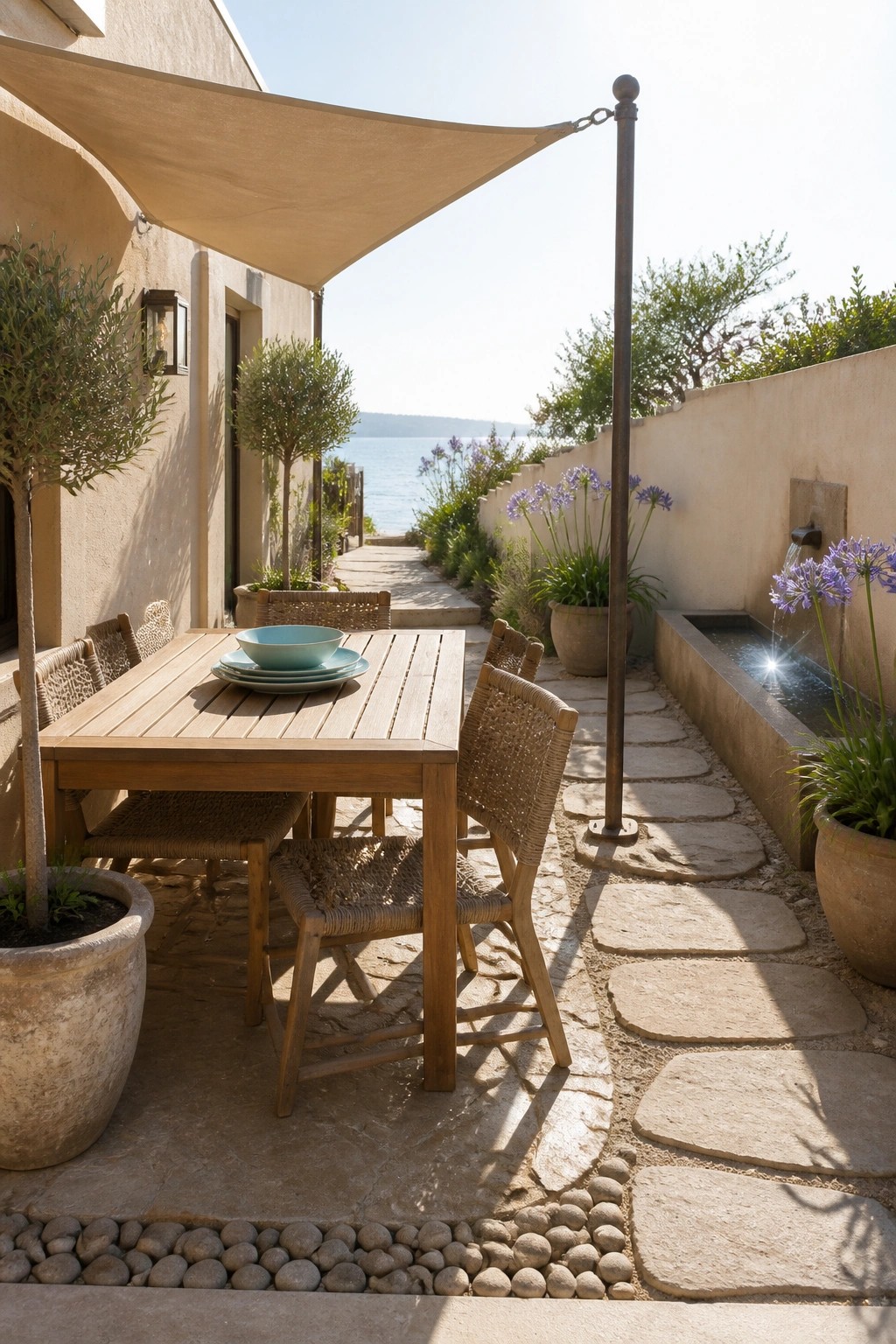 A wooden dining table with woven chairs sits under a beige shade sail on a stone patio beside a narrow water feature.