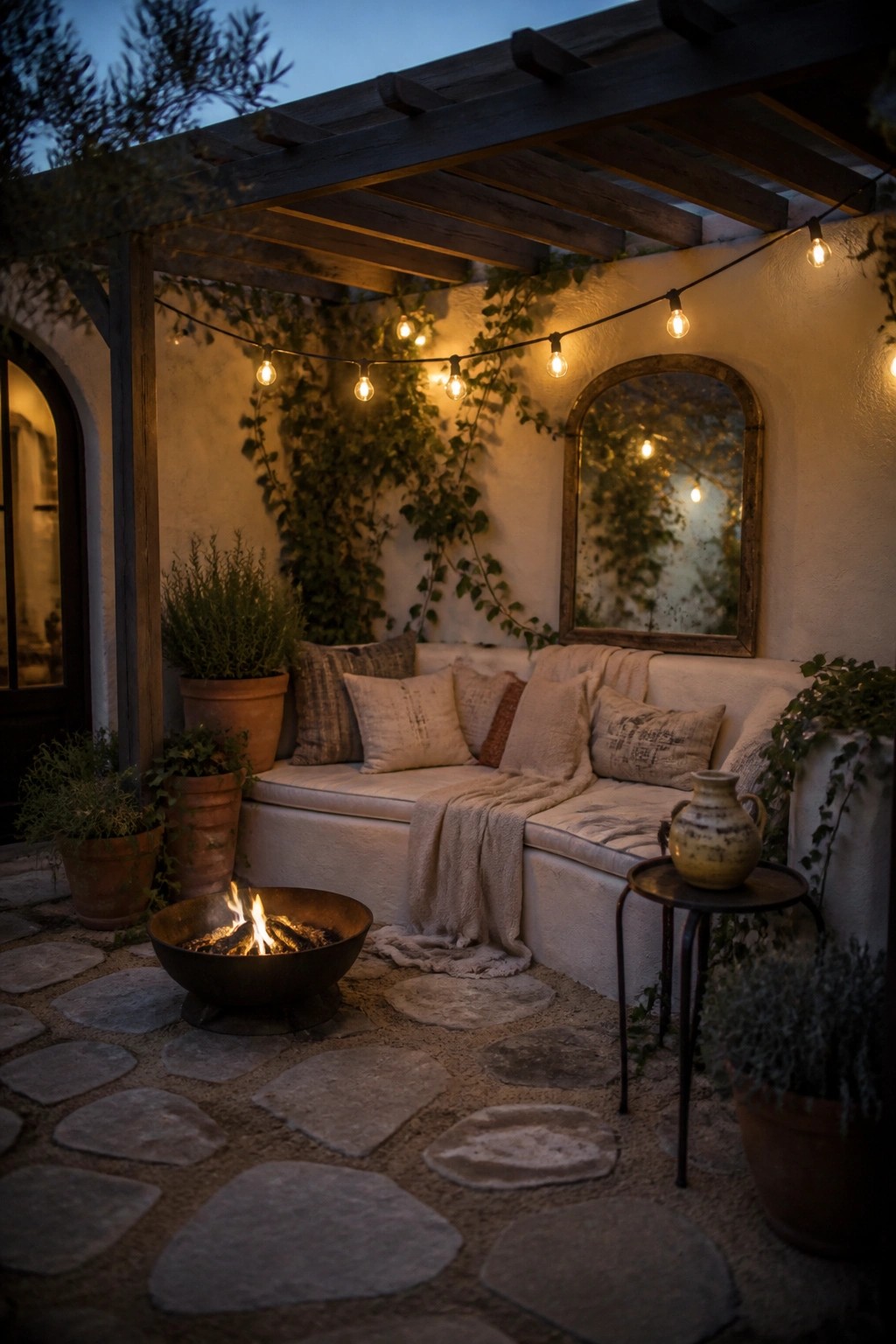 A small outdoor patio at dusk with built-in bench seating under a wooden pergola, string lights overhead, a round fire pit on stone pavers, and several potted plants along the walls.