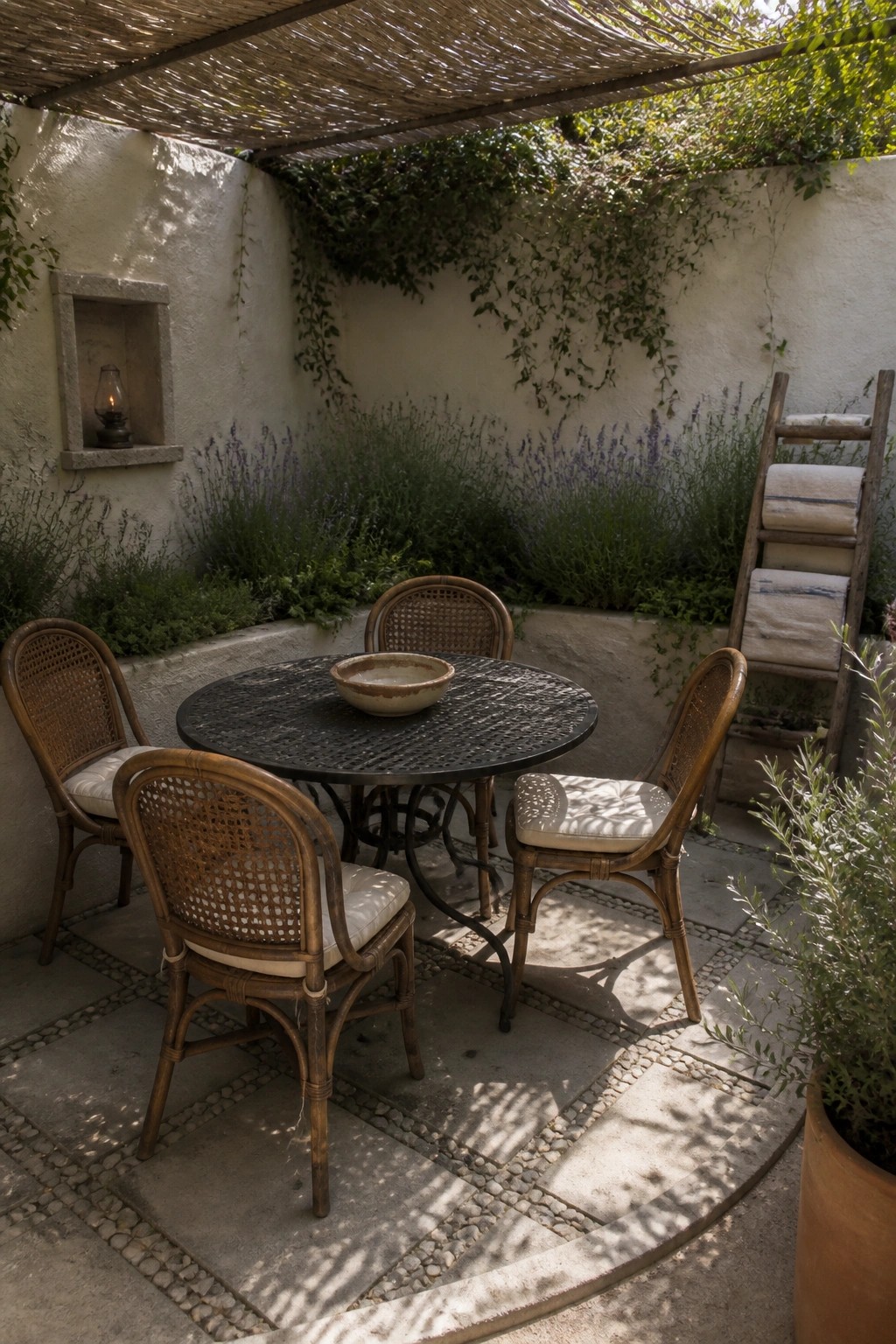 A round metal table with four rattan chairs on a stone patio under a woven reed shade, with lavender plants and a ladder against a white wall.