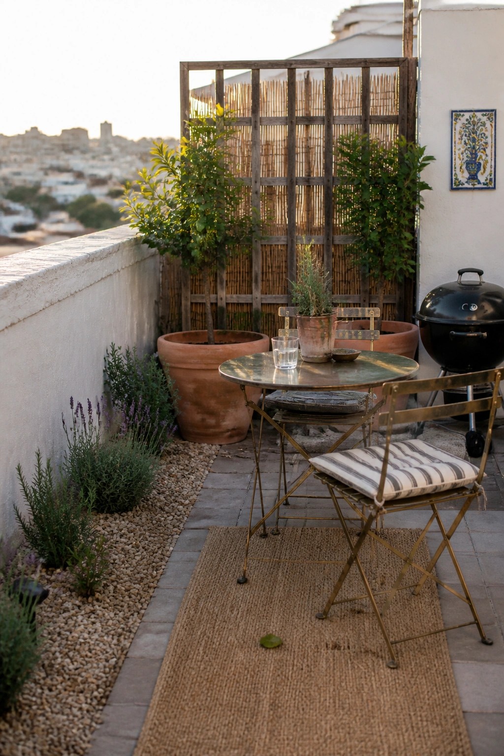 A small outdoor patio with a round table and two folding chairs on a woven rug, surrounded by large terracotta pots holding trees and shrubs.
