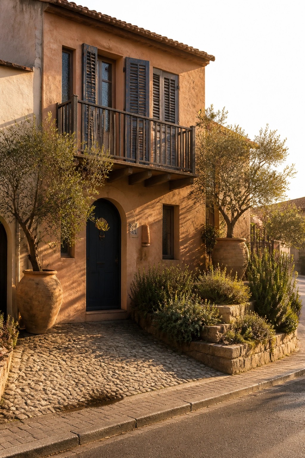 A Mediterranean house facade with peach stucco walls, dark blue shutters, a dark blue arched door, and a small balcony above the entrance, flanked by large terracotta pots and shrubs.
