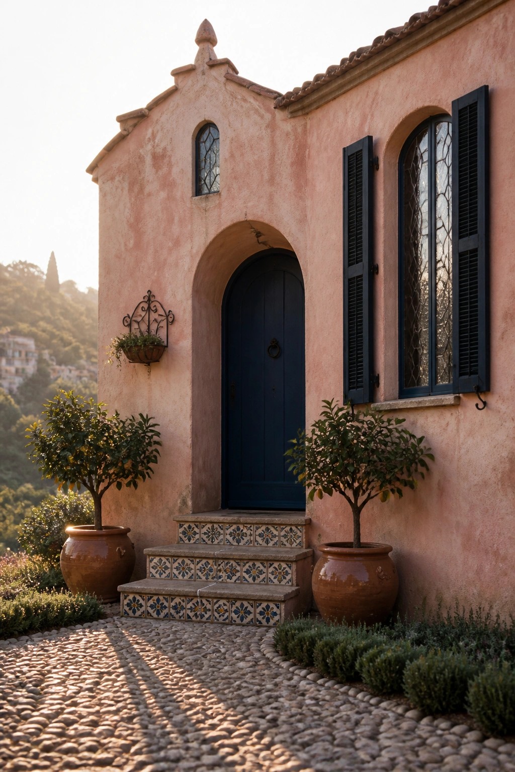 A Mediterranean house exterior with pink stucco walls, a dark blue arched door, black shutters, decorative tile on the steps, and potted plants on either side of the entrance.