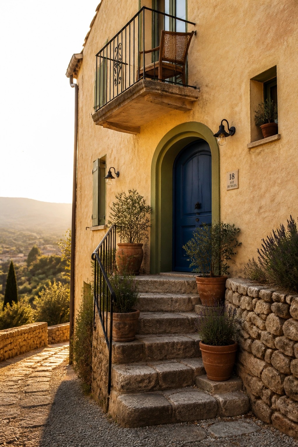 A sun-washed yellow stucco house exterior with a bright blue arched door, a small balcony above, and terracotta pots along stone steps.
