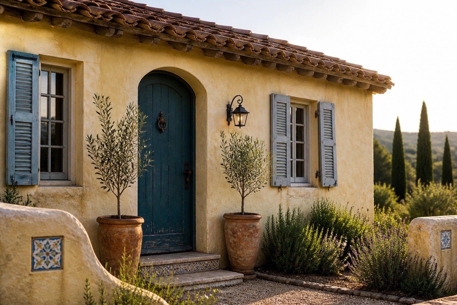 A sunlit Mediterranean house exterior with yellow stucco walls, a teal arched door, light blue shutters, and terracotta pots with plants along a gravel path.
