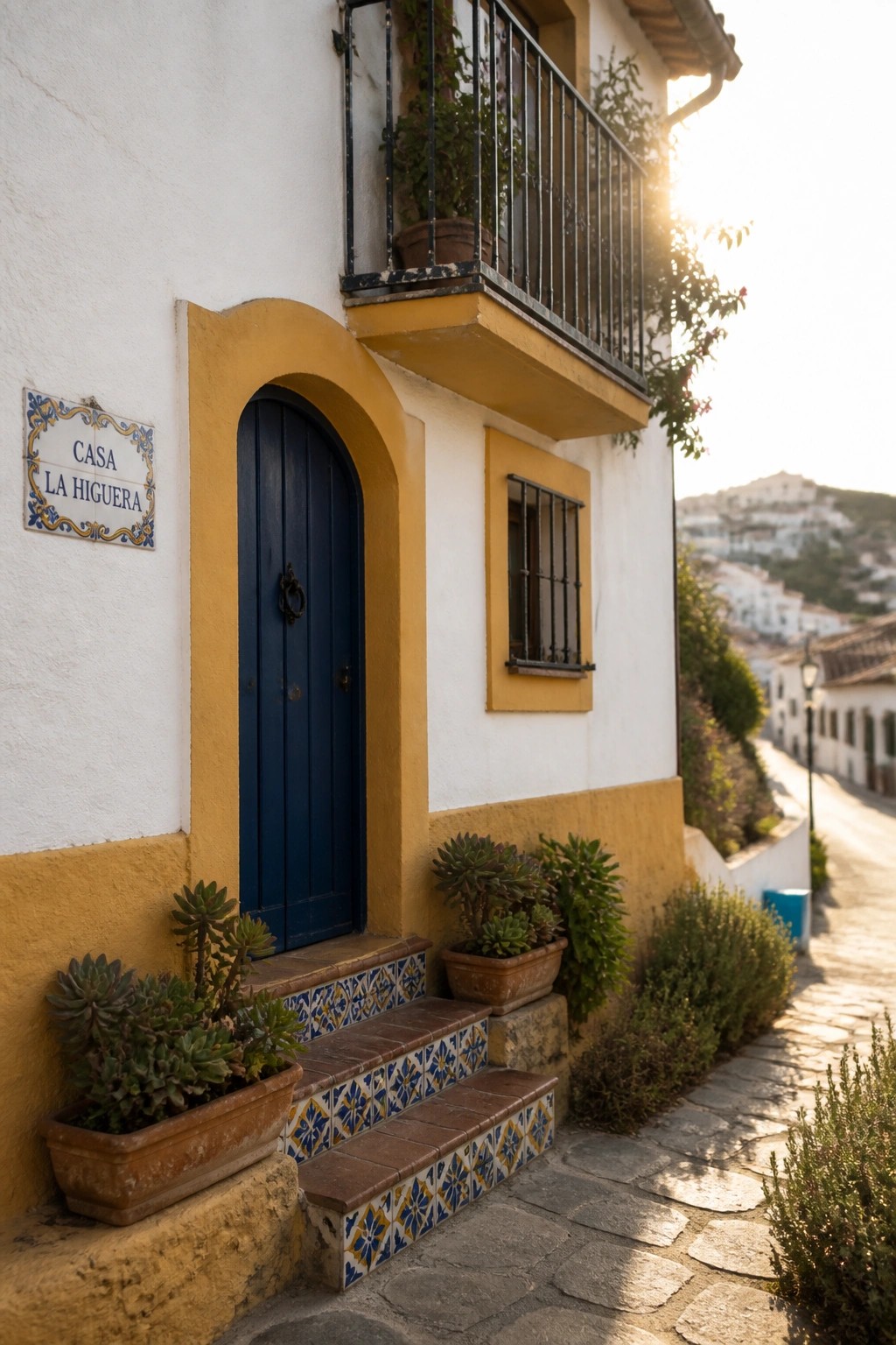 A white stucco house exterior with yellow trim, a deep blue arched door, and a small balcony above.