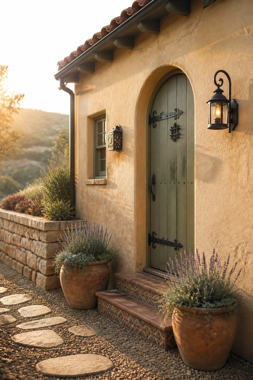 A Mediterranean house exterior features a green arched wooden door on a stucco wall, with terracotta pots and stone steps at the entrance.