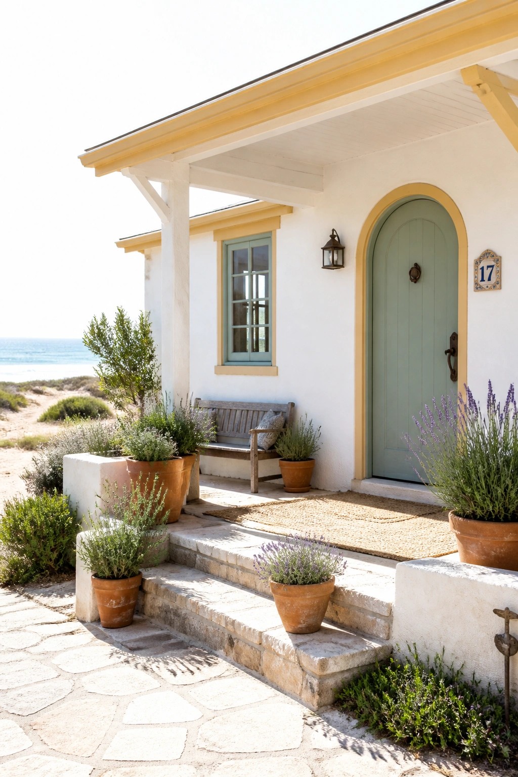 A white stucco house exterior with a light green arched door, yellow trim, a small window, and stone steps with potted plants.