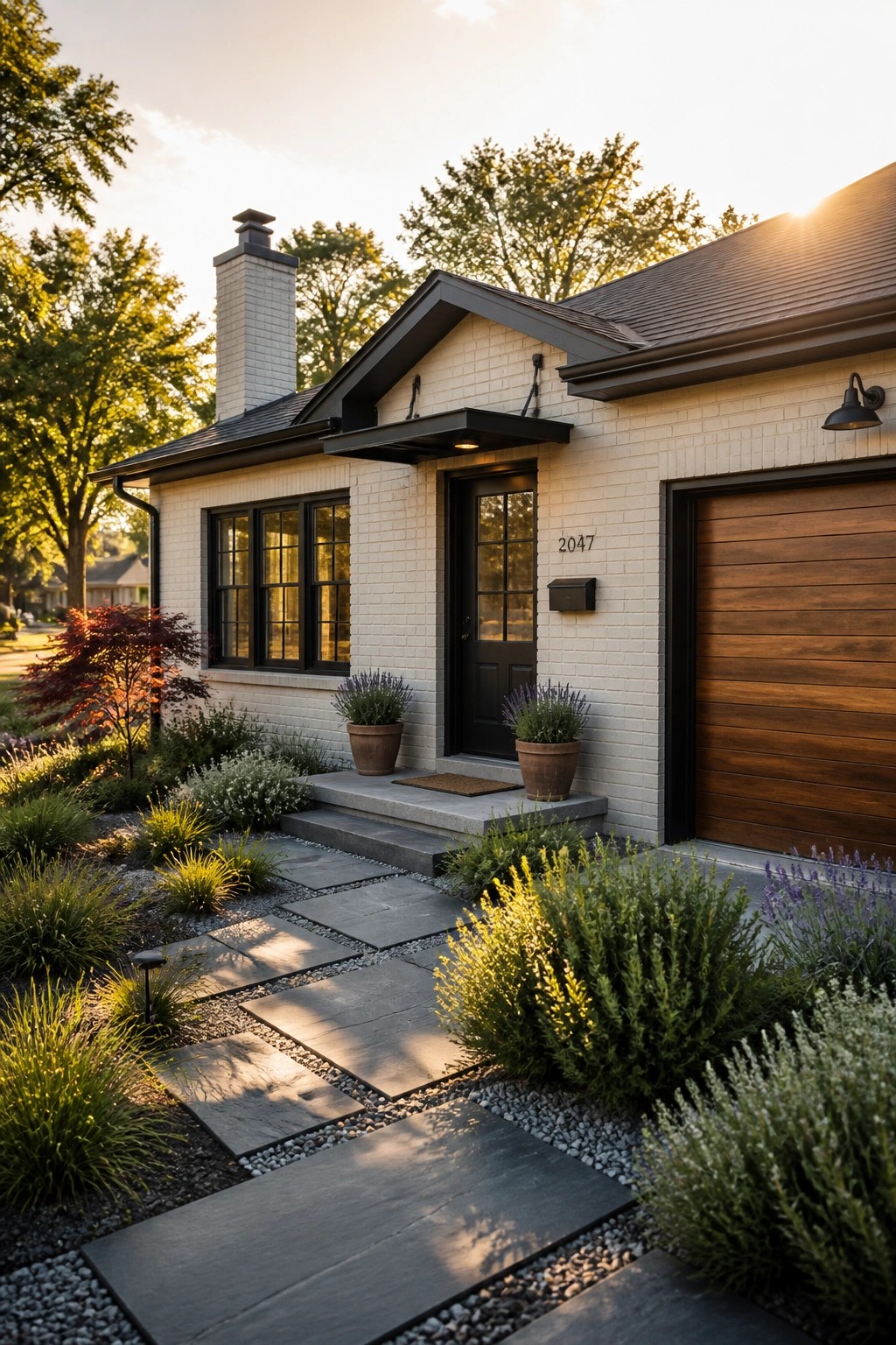 White brick house with black door, wooden garage, stone path and lush garden at sunset.