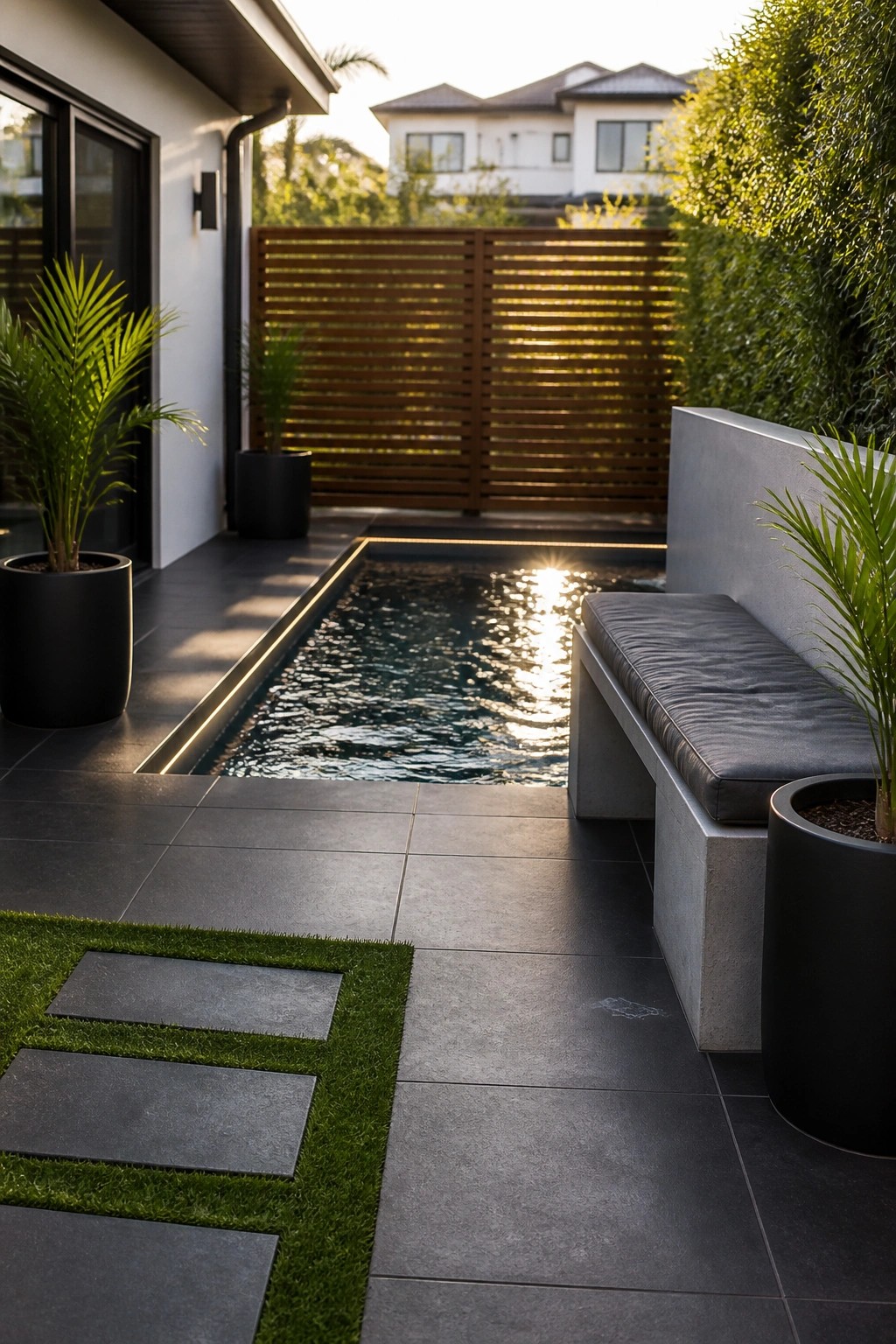 A narrow rectangular pool with edge lighting sits between a house wall and a concrete bench on a dark tiled patio surrounded by potted plants.