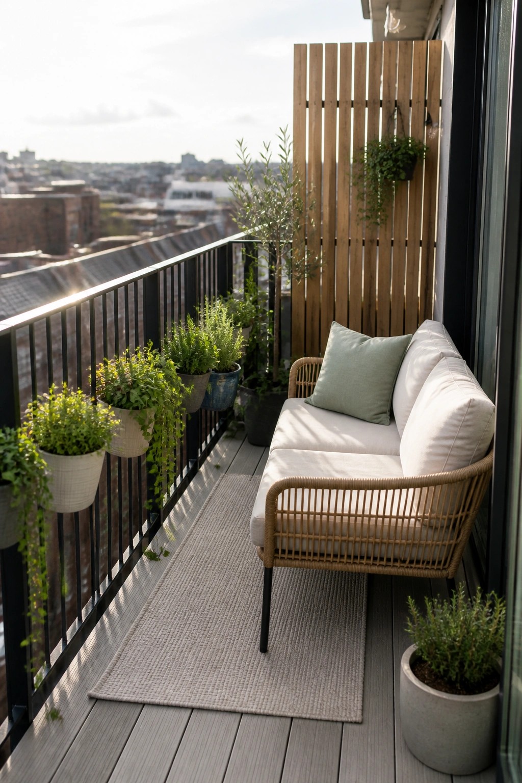 A small balcony features a light woven sofa with neutral cushions, a gray runner rug, and multiple potted plants arranged along the black railing overlooking a city skyline.