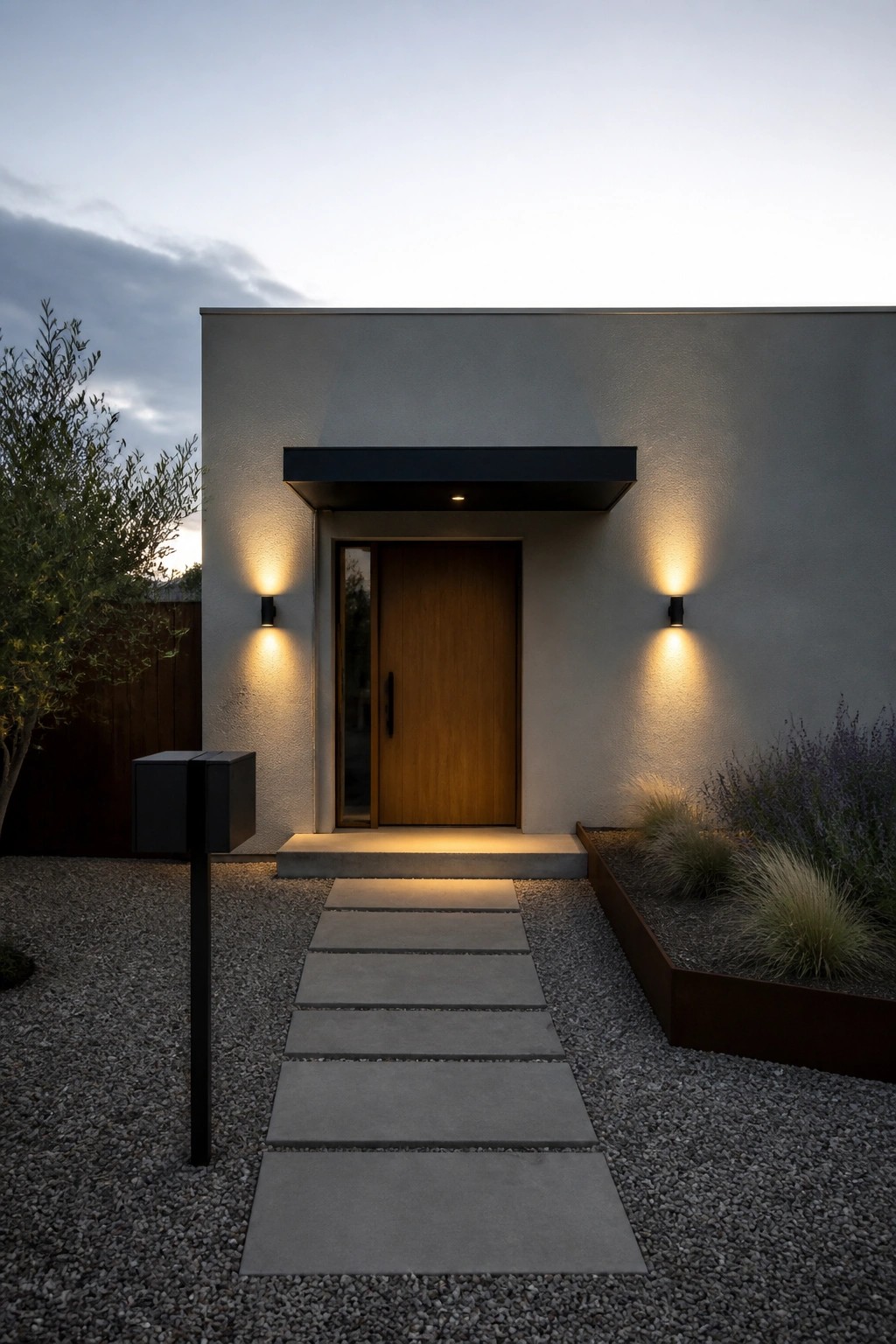 Front view of a modern house entry with a centered wooden door, two wall sconces, a concrete step, and a gravel path leading to it.