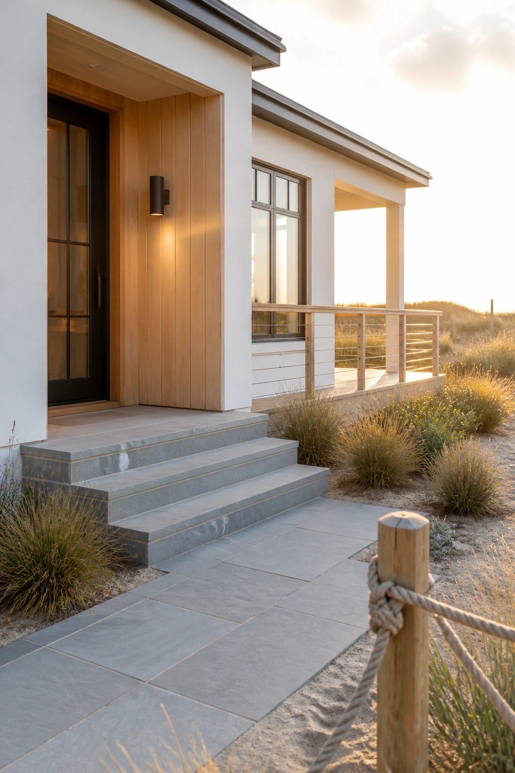 Modern white house with wood accents, stone steps, and cable-railed deck at sunset.