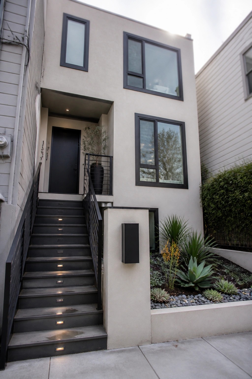A light stucco modern house with black-framed windows, a black front door, and black stairs with recessed lighting leading to the entrance, plus a small planted area with rocks at the base.