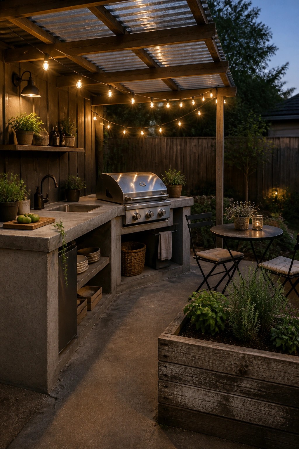 An outdoor kitchen with a stainless steel grill built into a concrete counter under a wooden pergola strung with lights, next to a small round table and a raised wooden planter box.