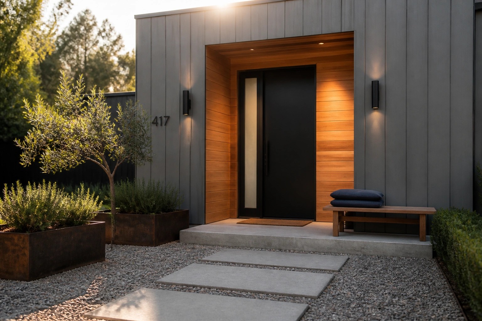 Modern house entrance with a black door recessed into a wood alcove, concrete stepping stones leading across gravel, and metal planters with greenery on either side.