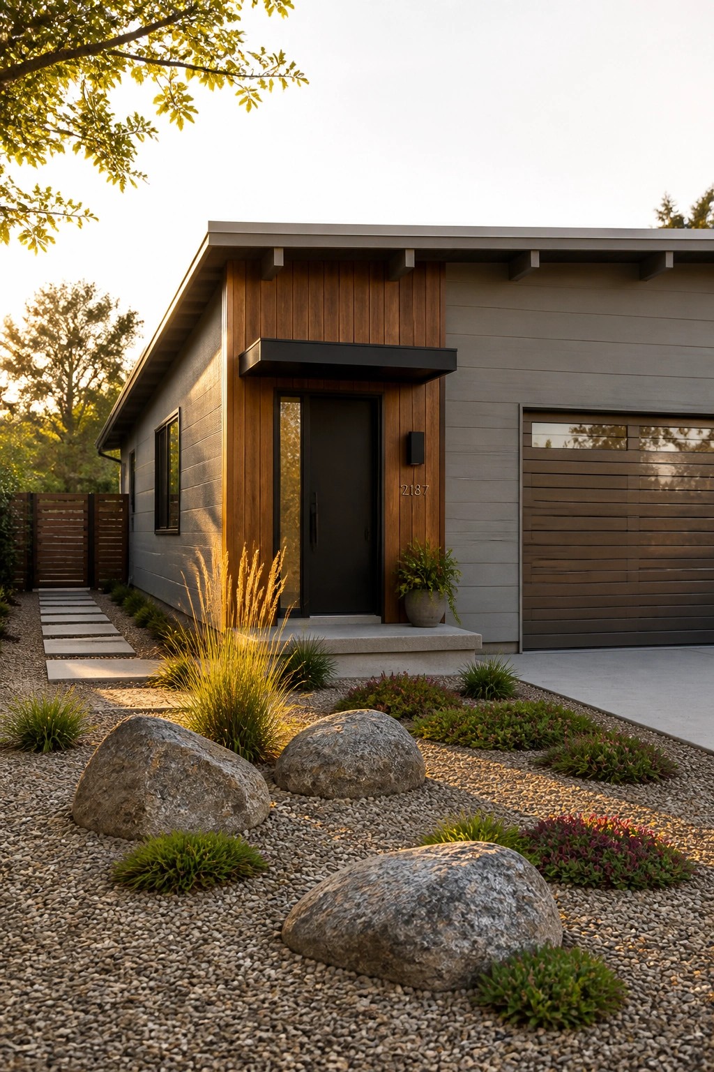 Contemporary single-story house with gray horizontal siding, a vertical wood section framing a black front door, and gravel landscaping with large rocks in the foreground.