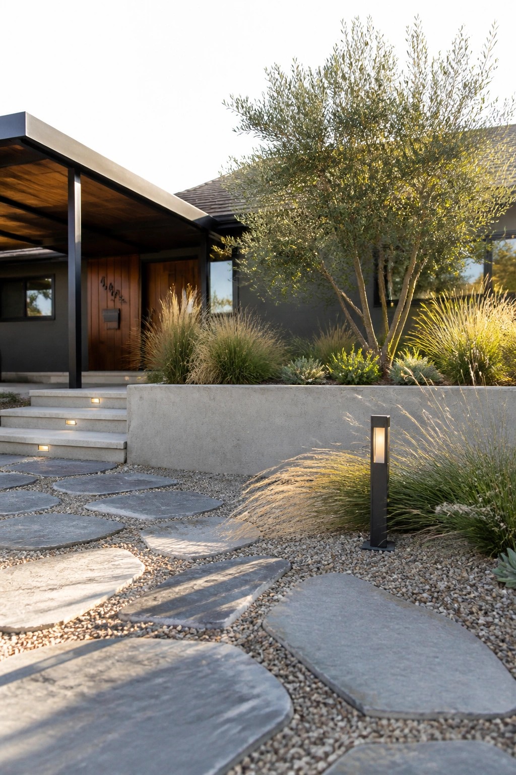 A contemporary house entrance featuring a gravel path of irregular gray stepping stones, low ornamental grasses, a black pathway light, and a concrete retaining wall.