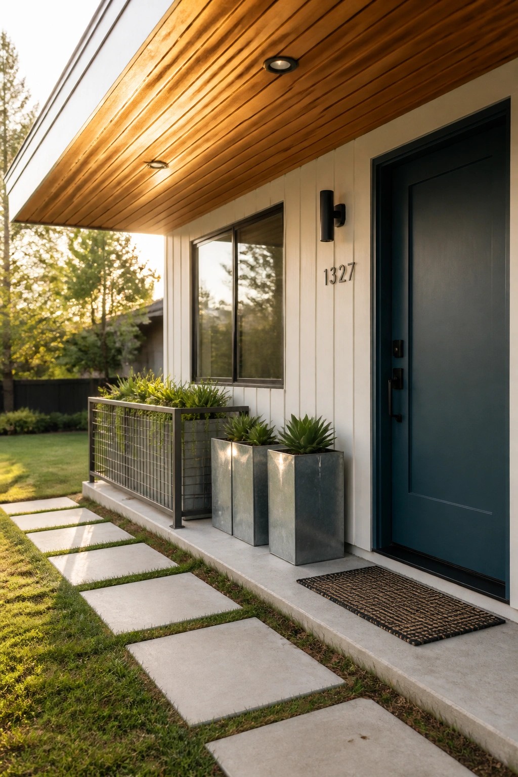 Modern house entrance with navy door, metal planters, succulents, and stone pathway.
