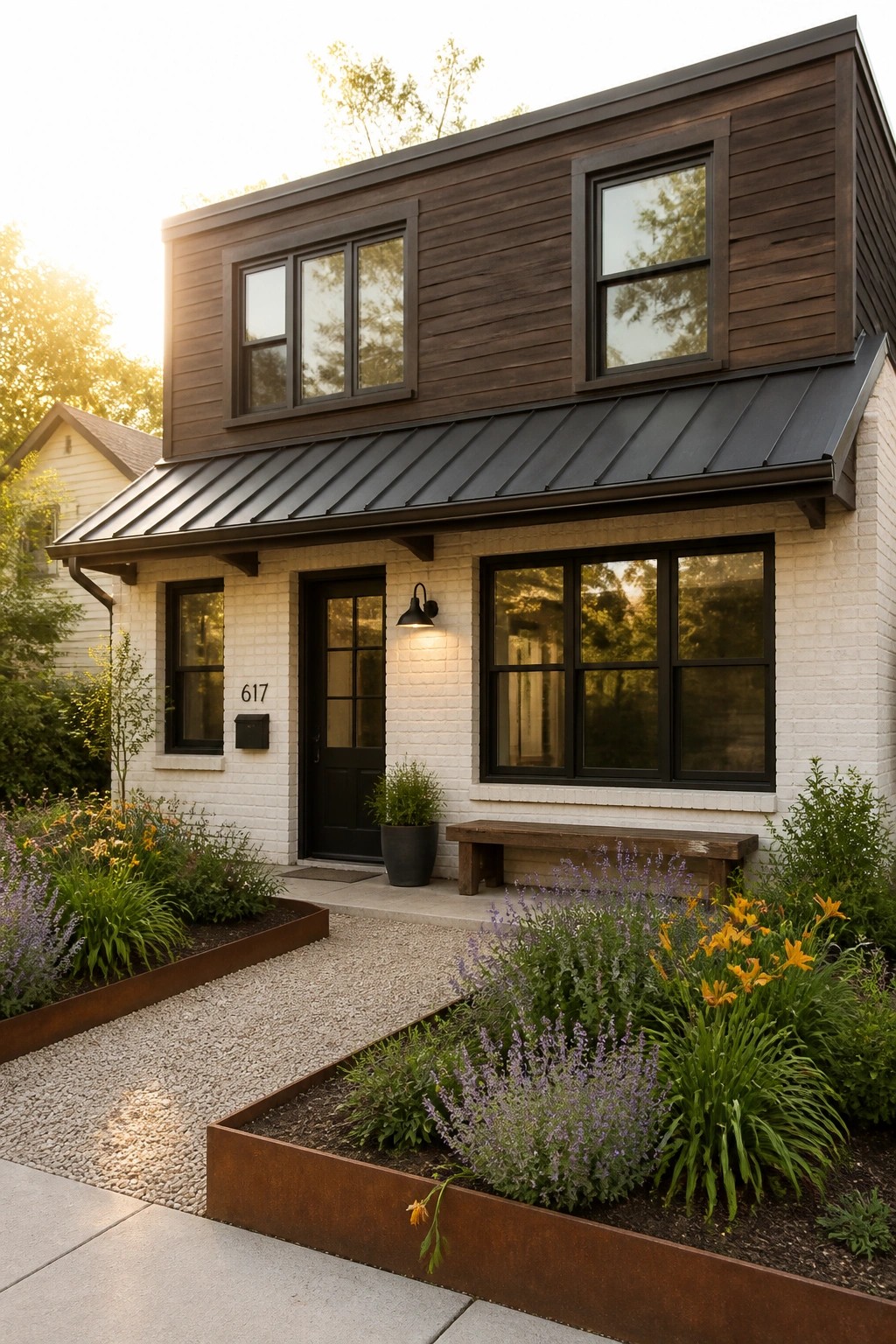 A two-story house with white brick on the lower level and dark wood siding above, black-framed windows, a dark metal roof, and a front garden with gravel path and raised beds.