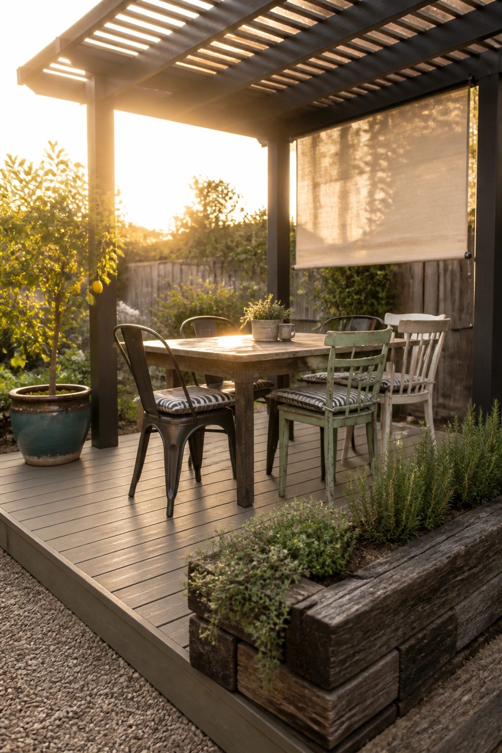 A deck under a dark pergola with a dining table, mixed chairs, and a beige roller shade on the right side, next to potted plants and a raised garden bed.