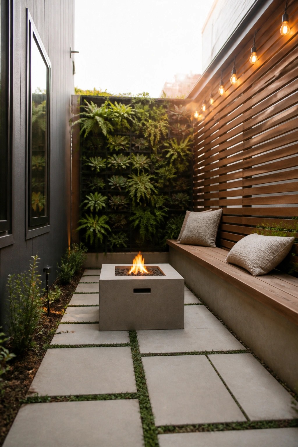 A square concrete fire pit on a stone paver path next to a long wooden bench with cushions in an outdoor courtyard.