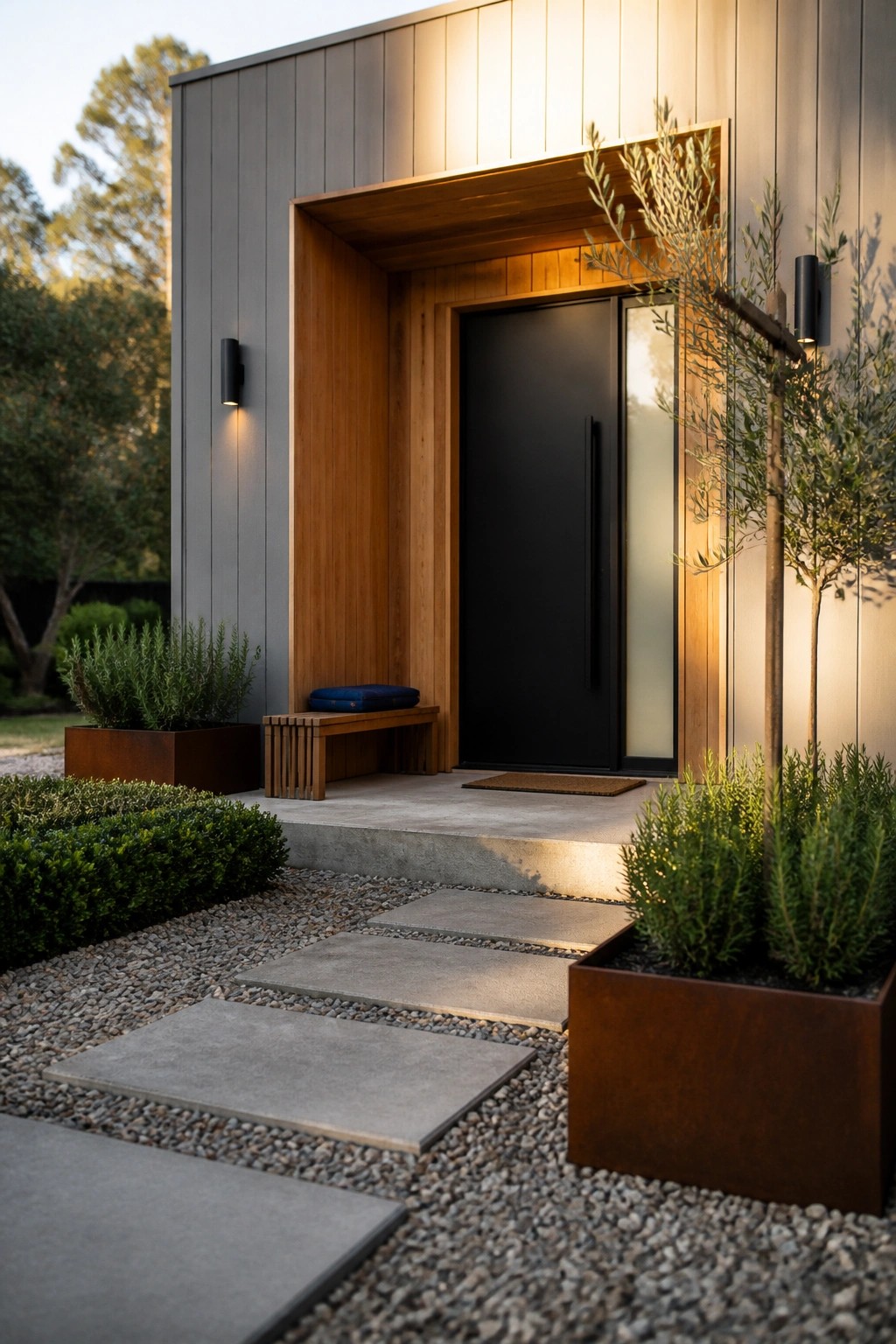 Modern house entrance with a black door recessed into a wood alcove, concrete stepping stones leading across gravel, and metal planters with greenery on either side.