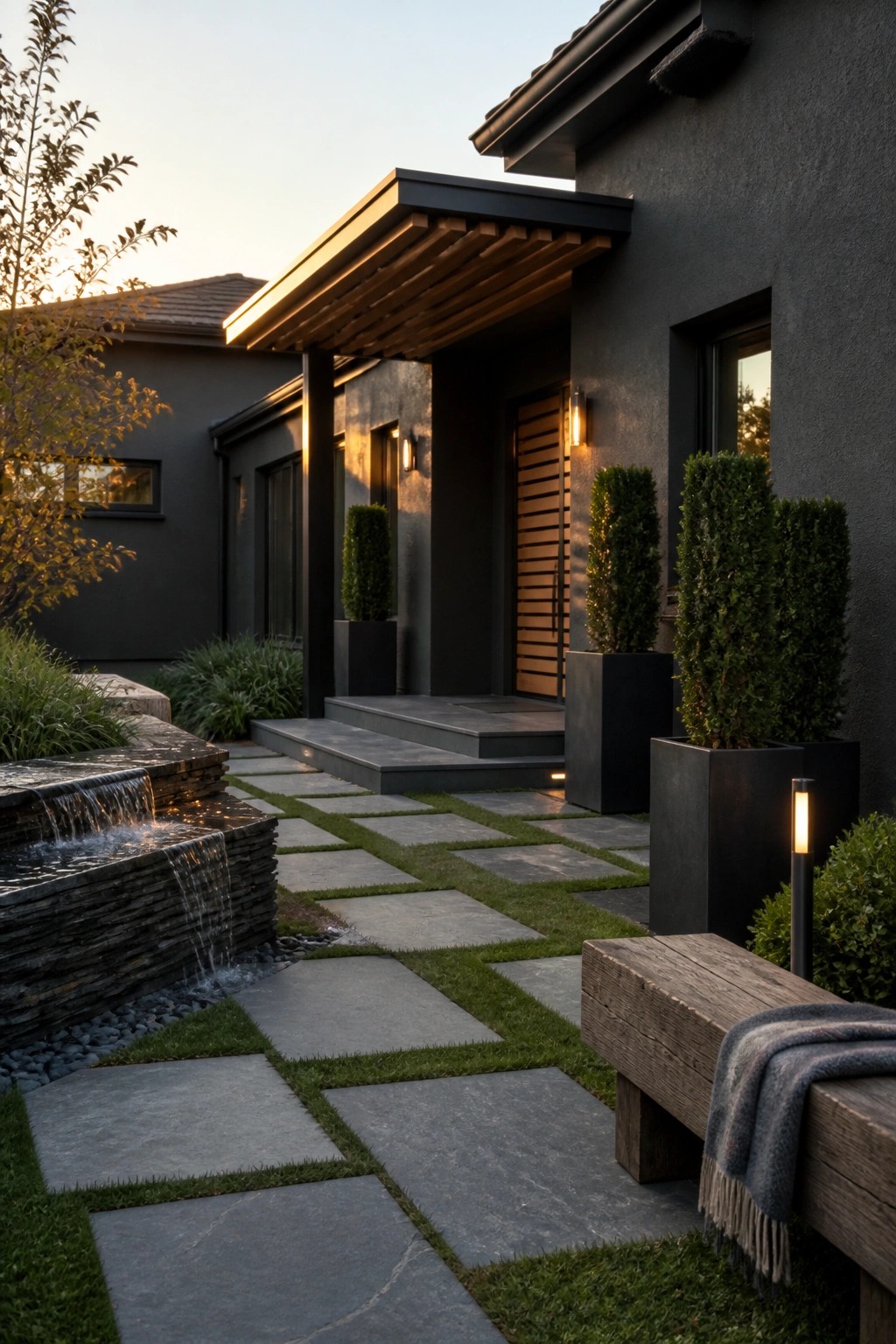 A modern dark gray house with a stone slab pathway separated by grass strips leading to the front steps, flanked by tall planters and a small water feature.