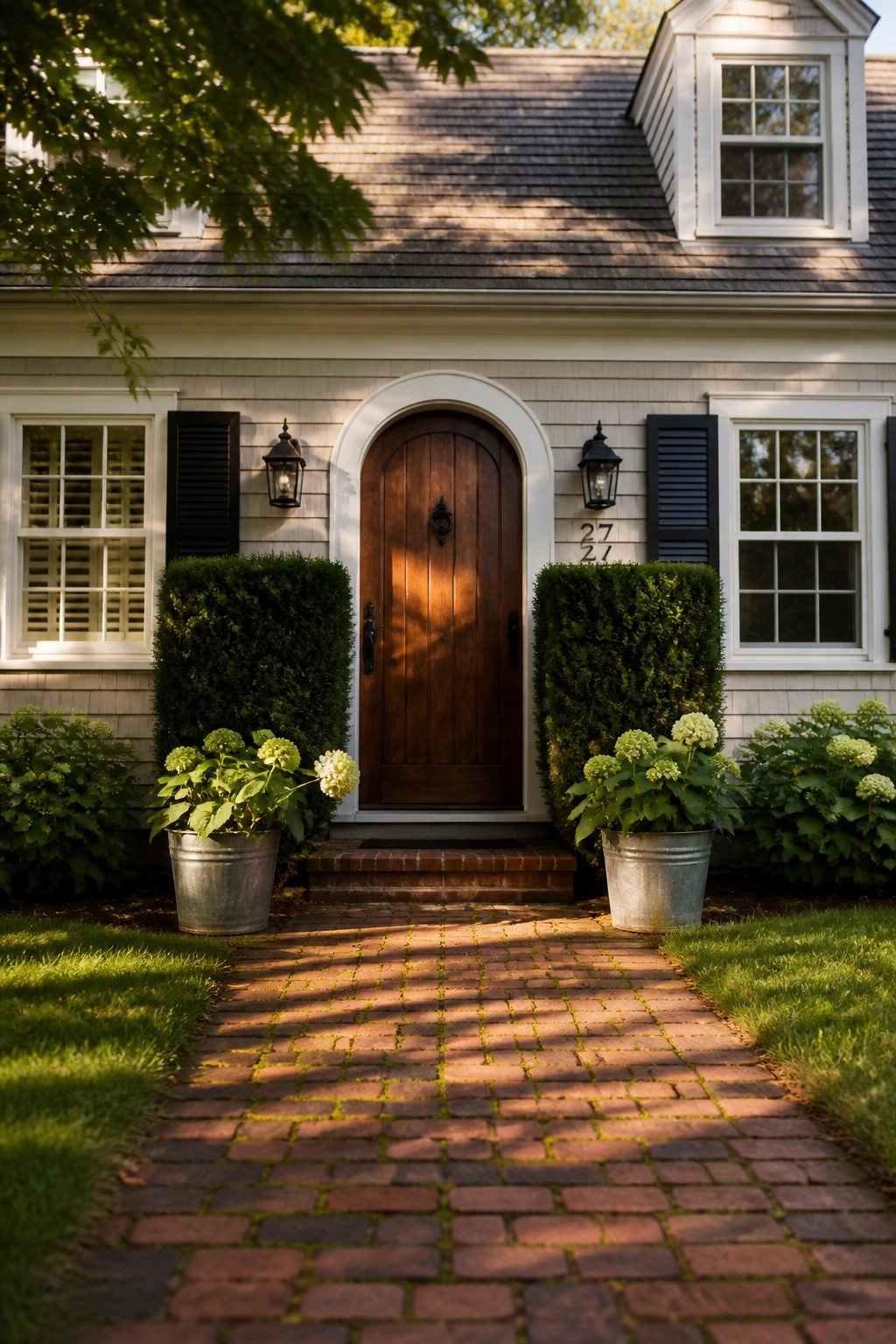 Brick path to arched wooden door with potted plants and green bushes.