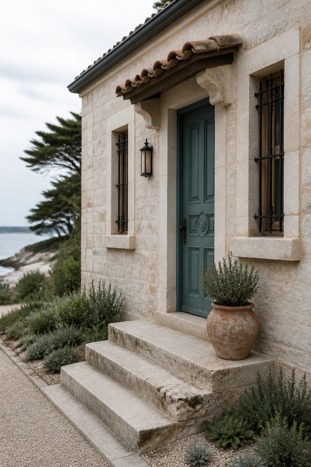 A light stone house exterior with a teal front door, stone steps, small grilled windows, and a terracotta pot beside the entry.
