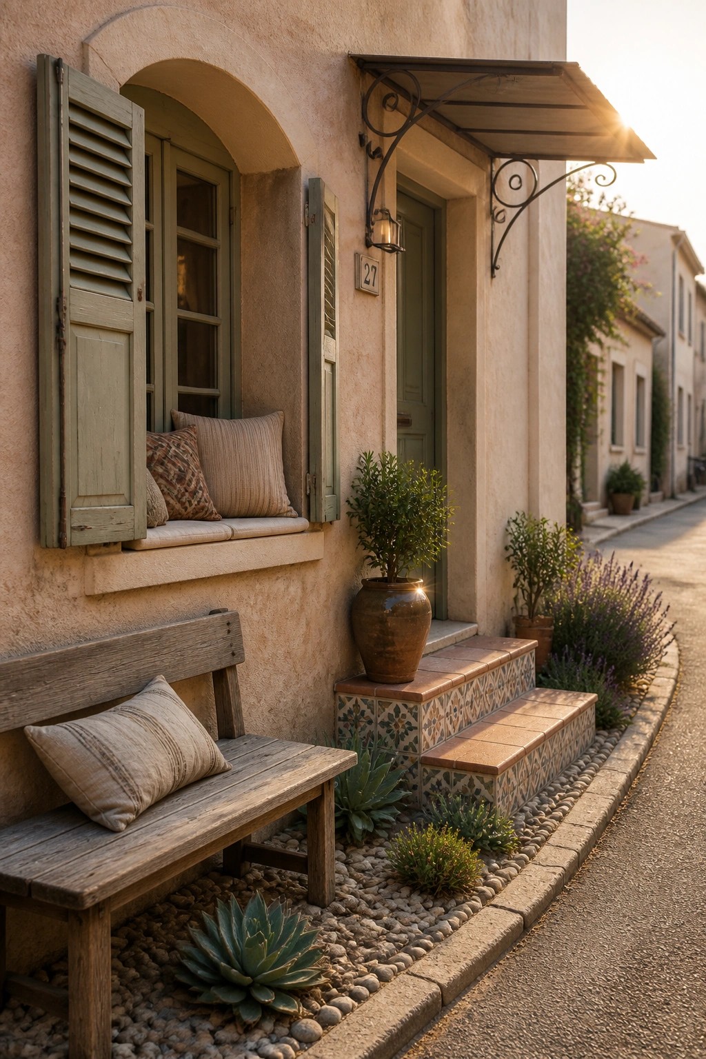 A Mediterranean home exterior with an arched window, green shutters, wooden bench with cushion, tiled entry steps, potted plants, and gravel landscaping along the street.