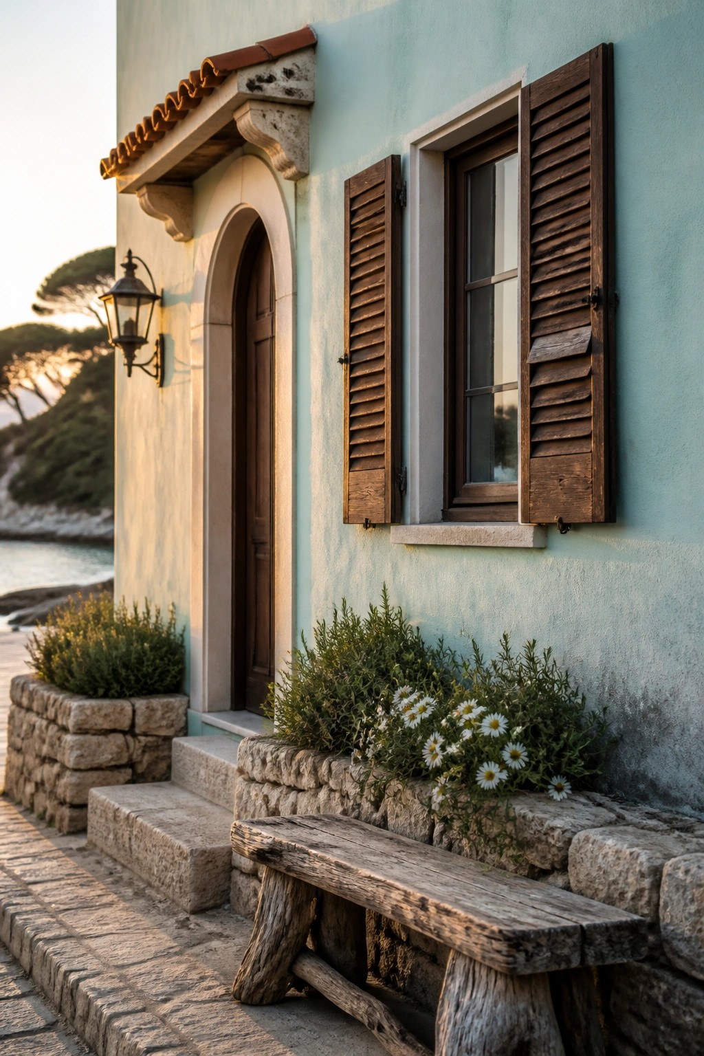 A light blue stucco house exterior featuring an arched wooden door, a window with dark wooden shutters, stone steps, and a rustic wooden bench with plants along the base.