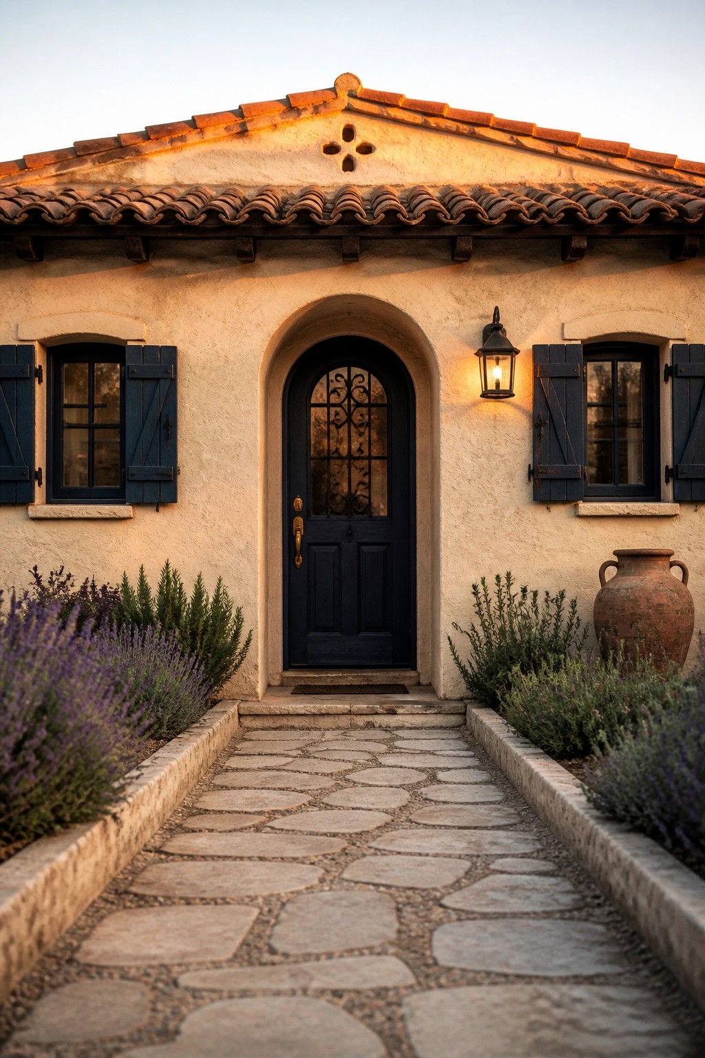 A small stucco home exterior with a dark arched front door, blue shuttered windows on either side, a terracotta tile roof, and a stone pathway leading to the entrance.