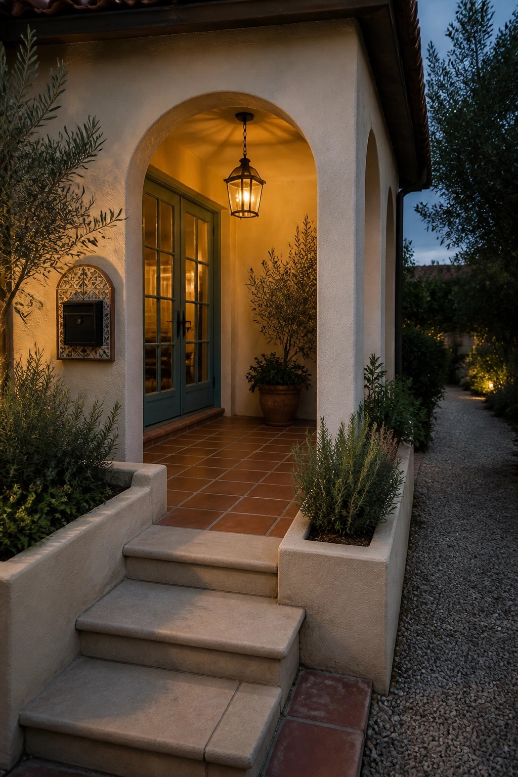A Mediterranean style home entrance features an arched stucco opening, teal double doors, a hanging lantern, terracotta tile porch, and concrete steps with flanking planters.
