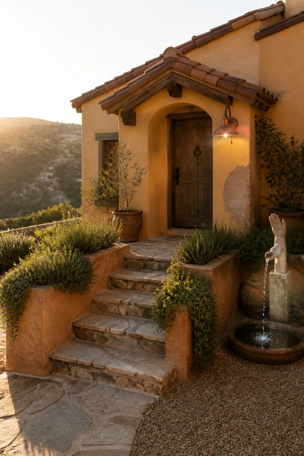 A small Mediterranean home exterior with an arched wooden door, stone steps, terracotta roof tiles, and potted plants beside the entry.