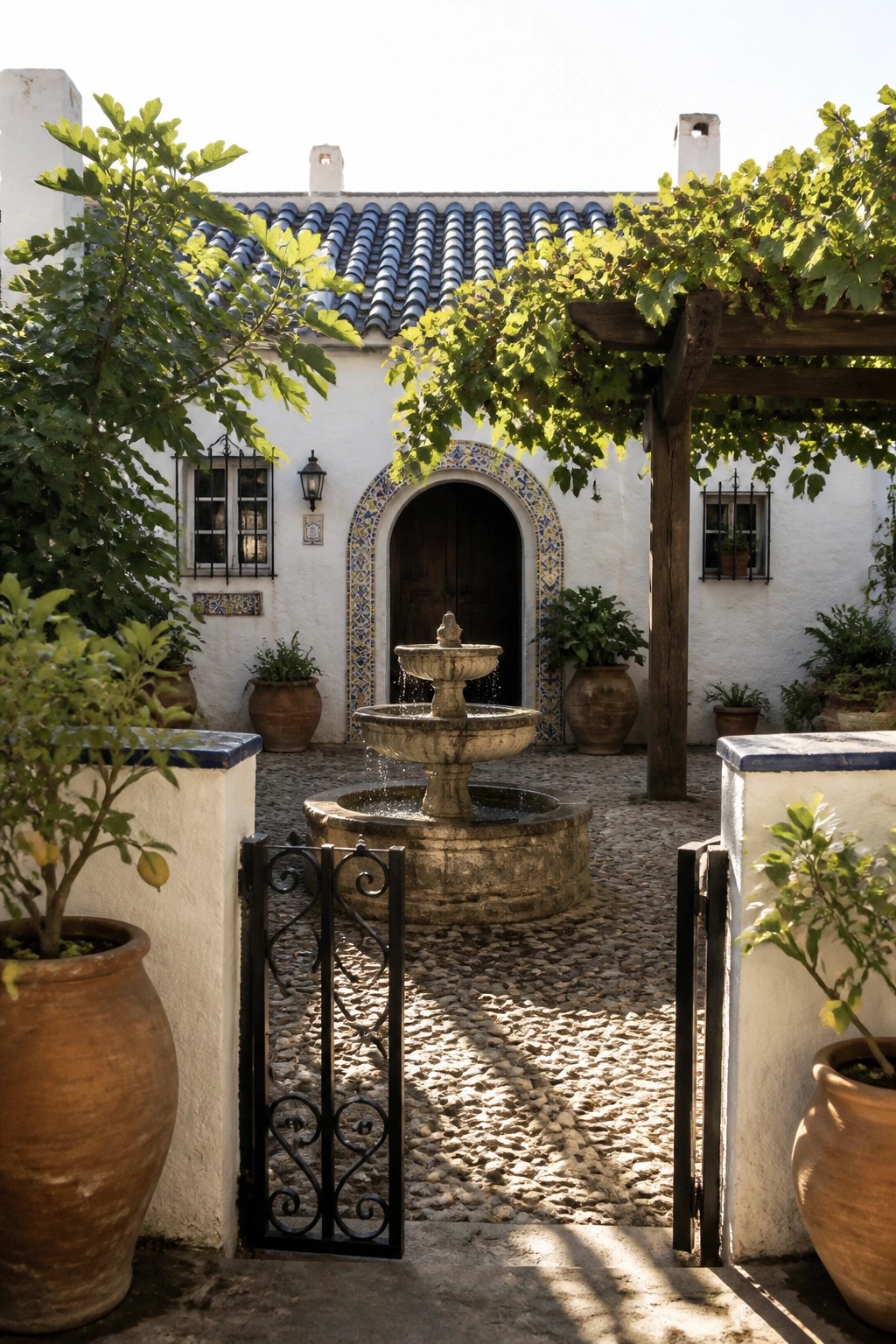 A white stucco house exterior featuring a blue and yellow tiled arched doorway, a central stone fountain on a cobblestone path, and large terracotta pots beside a wooden pergola.