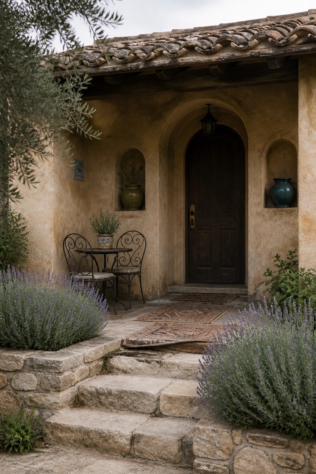 A Mediterranean style home entrance with a dark wooden door under a large arch, stone steps, two wall niches, and lavender plants flanking the steps.