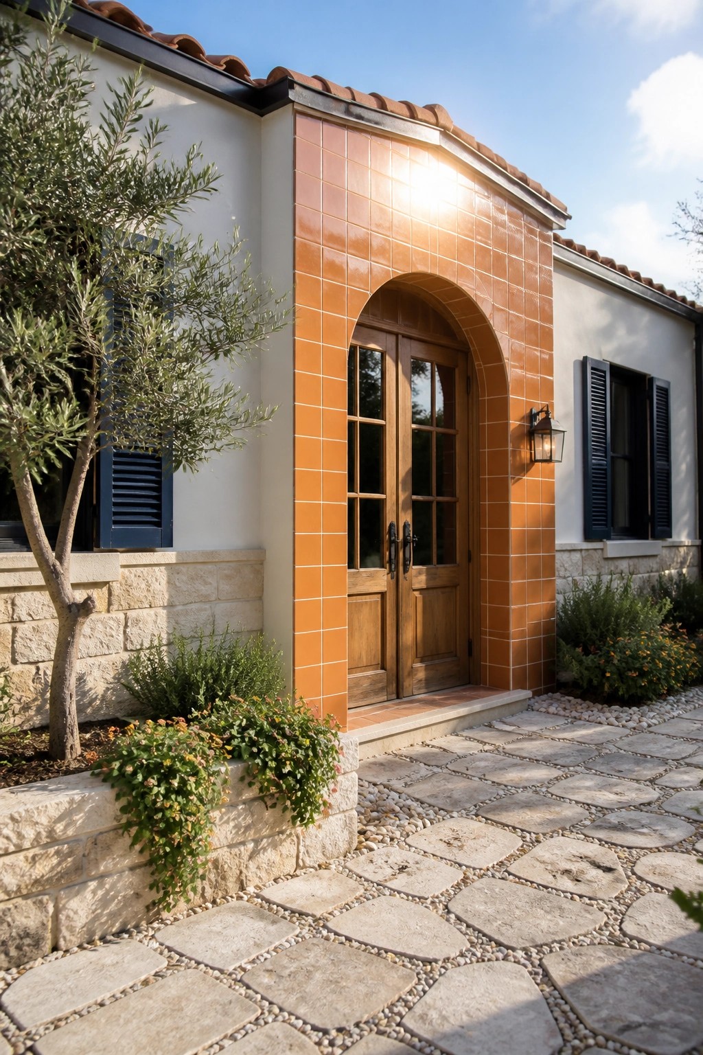 A Mediterranean-style house exterior with a terracotta-tiled arch framing wooden double doors, a stone pathway, and low shrubs along the front.