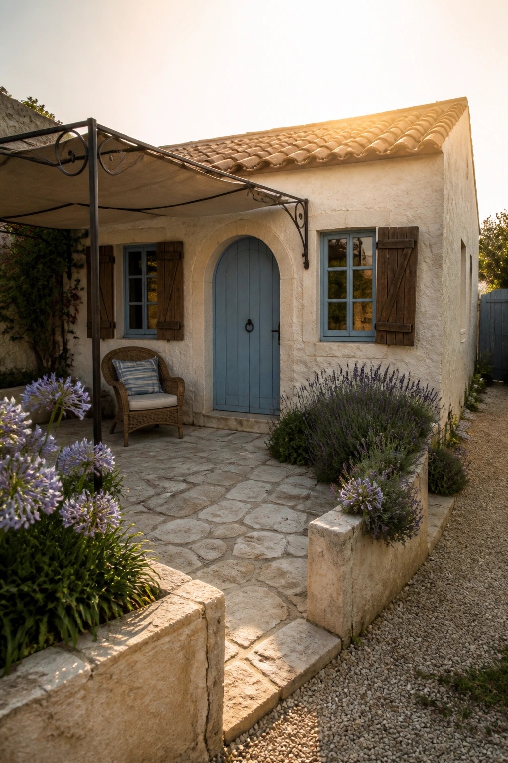 A small white stucco house with a blue arched front door, blue-framed windows with wooden shutters, a terracotta tile roof, and stone paving in front.
