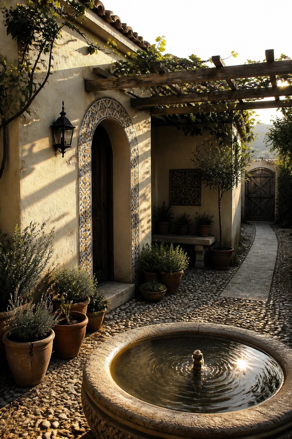 A round stone fountain with flowing water sits in a gravel courtyard beside a stucco wall with a tiled archway, potted plants, and a wooden pergola overhead.