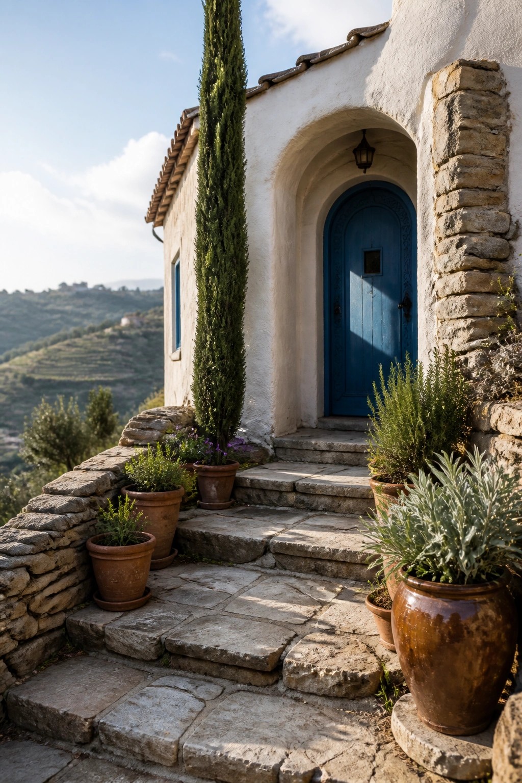 A white stucco house exterior with a blue arched wooden door, stone steps, and terracotta pots with plants along a hillside setting.