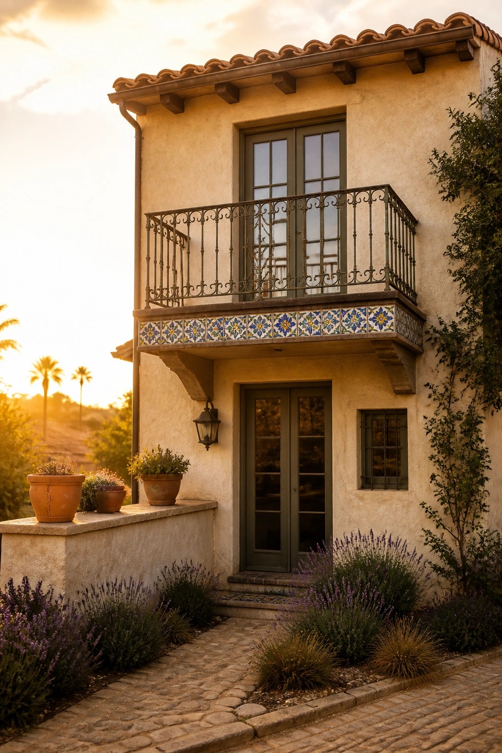 Mediterranean villa with ornate balcony, terracotta roof, and lavender garden at sunset