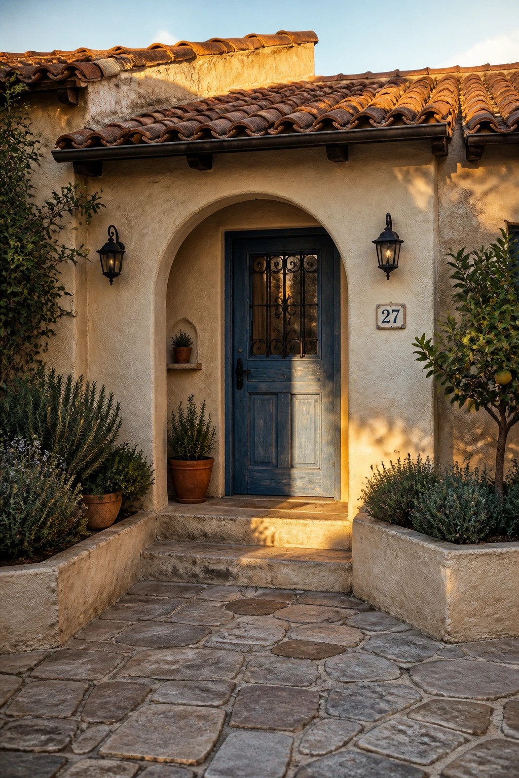 A small stucco home with a blue door centered in a rounded arch, terracotta tile roof, two wall lanterns, and a stone path leading to two steps.
