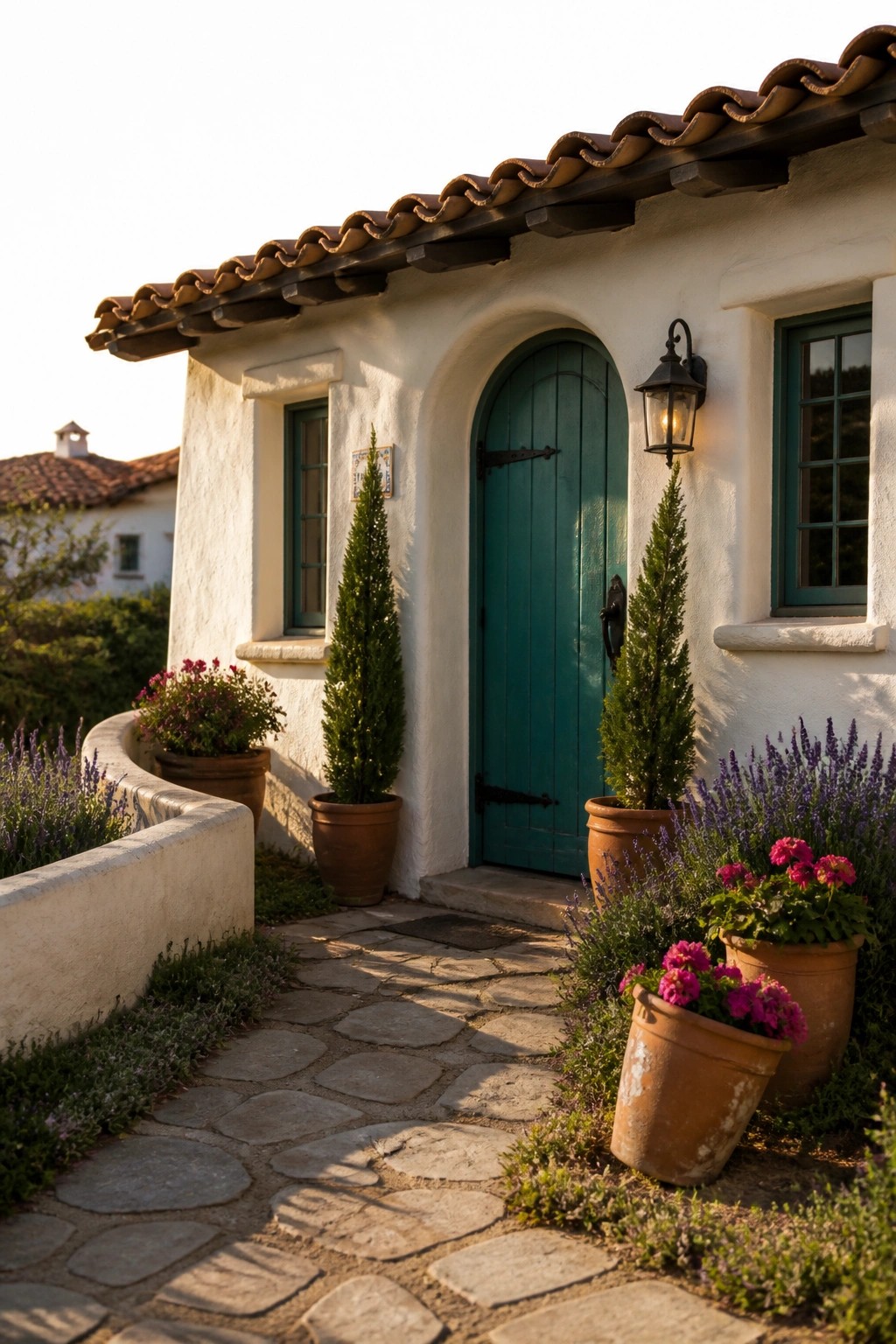 A small white stucco house with an arched teal door, terracotta roof tiles, and potted plants along a stone pathway.