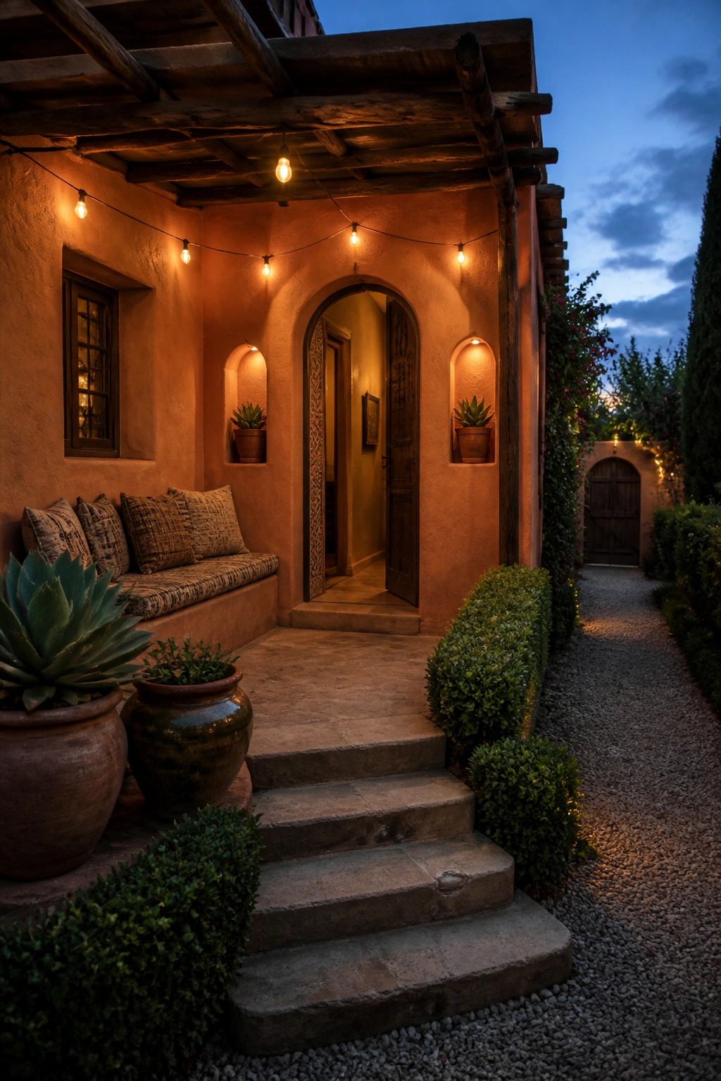 A Mediterranean home exterior at dusk showing string lights on wooden beams above a covered entry with an arched wooden door, stone steps, and potted plants.