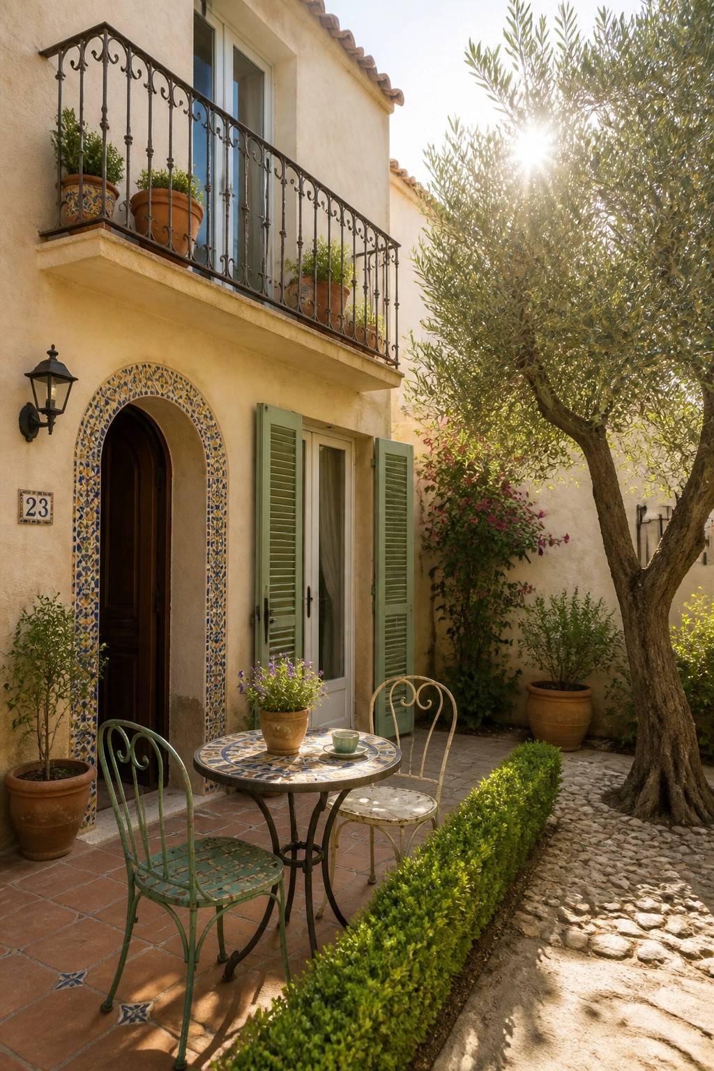 A small Mediterranean house exterior featuring an arched wooden door framed by colorful mosaic tile, a metal balcony above with potted plants, green shutters, and a patio table with chairs on brick paving.