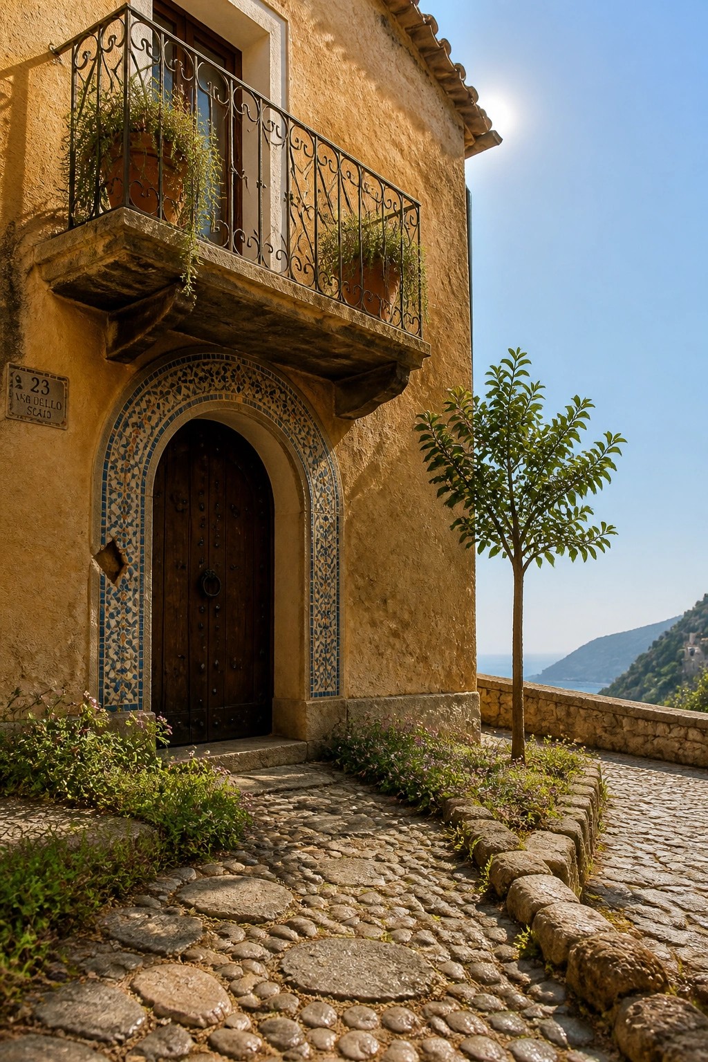 Cobblestone path to arched wooden door of yellow building with sea view
